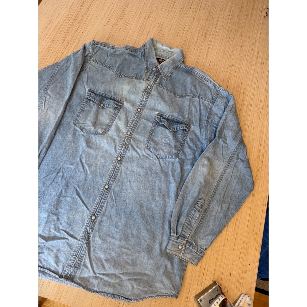 Harley Davidson Mens XL Long Denim Western Snap Shirt Light Wash Blue Cotton 38